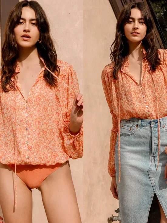 LULUS Lovely Thoughts Peach Floral Print Ruffled Long Sleeve Bodysuit Small - Picture 1 of 8